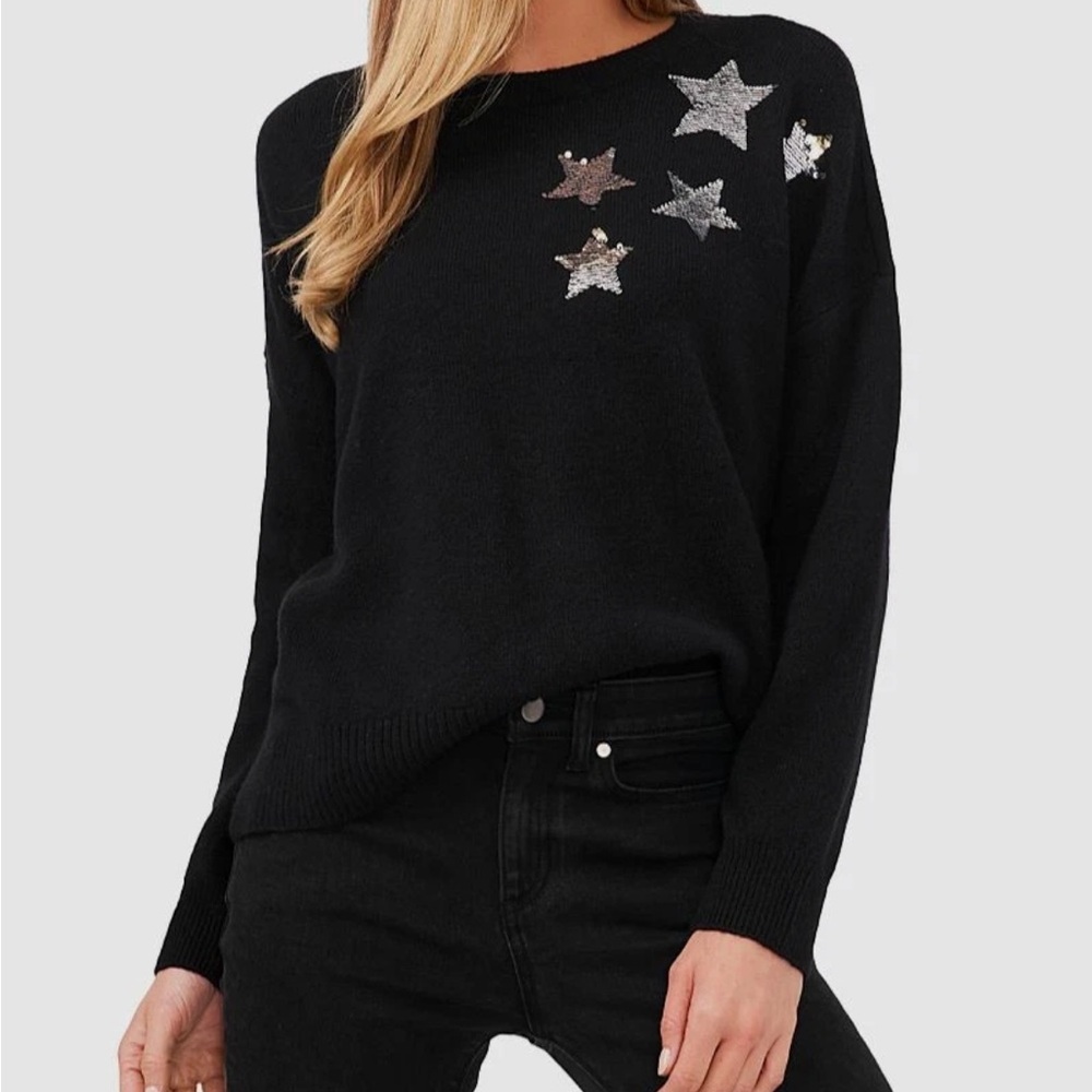 CeCe Black Crewneck Sweater with Metallic Star Embellishments Medim